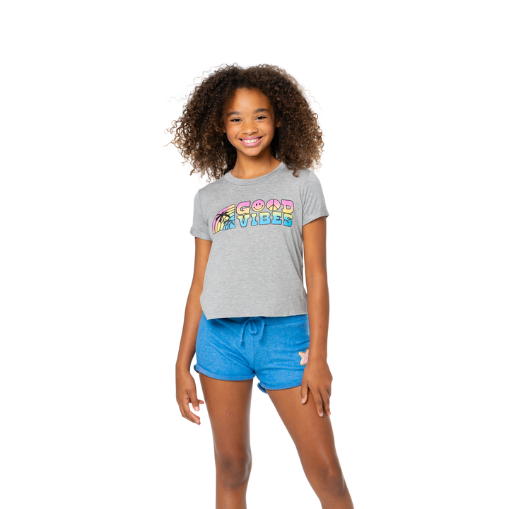 Girl's (8-14) Short Sleeve Crop Tee with Good Vibes Rainbow Screen
