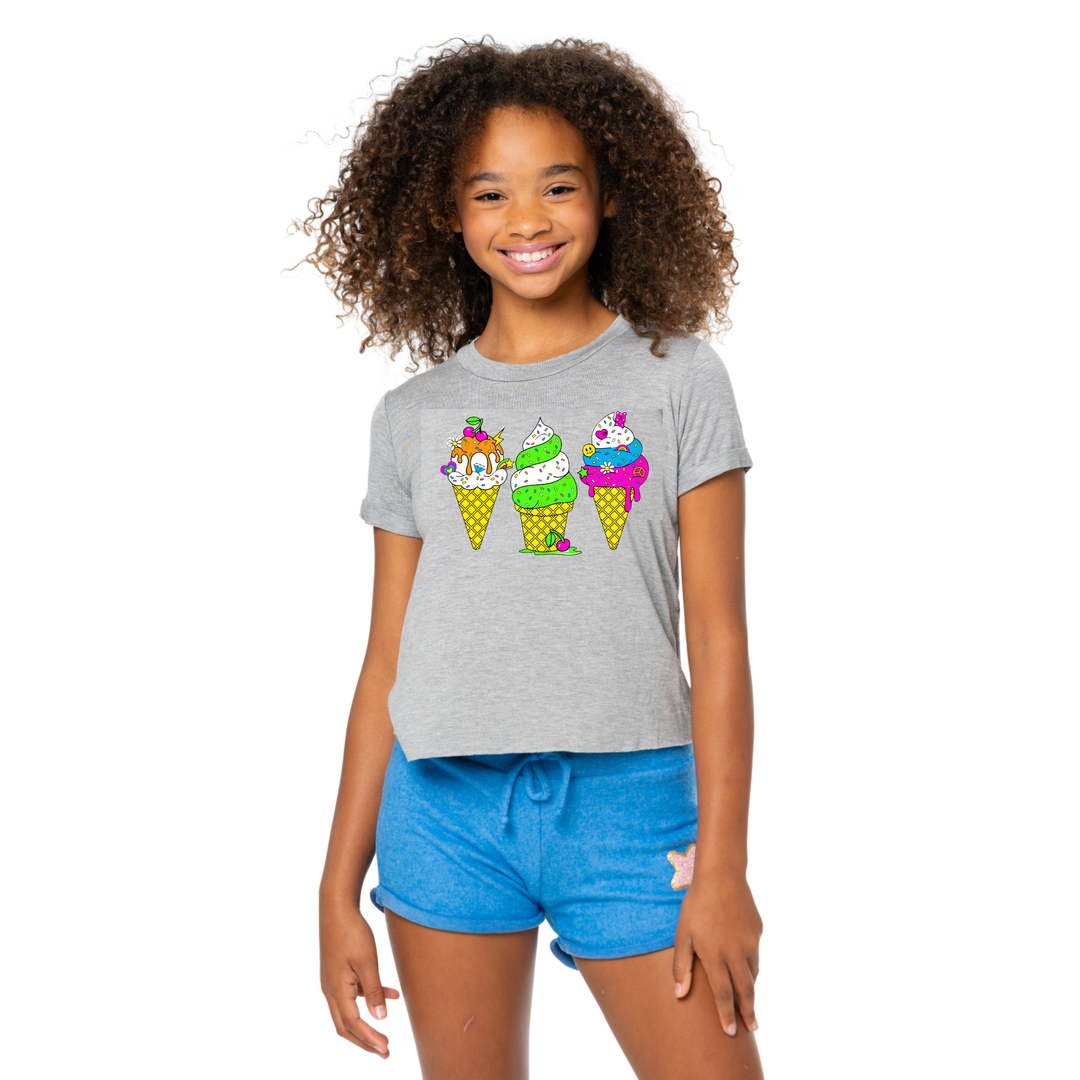 Girl's (8-14) Short Sleeve Crop Tee with Three Ice Cream Cone Screen