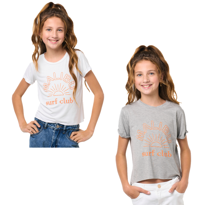 Girl's (8-14) Short Sleeve Crop Tee with Malibu Surf Club Screen