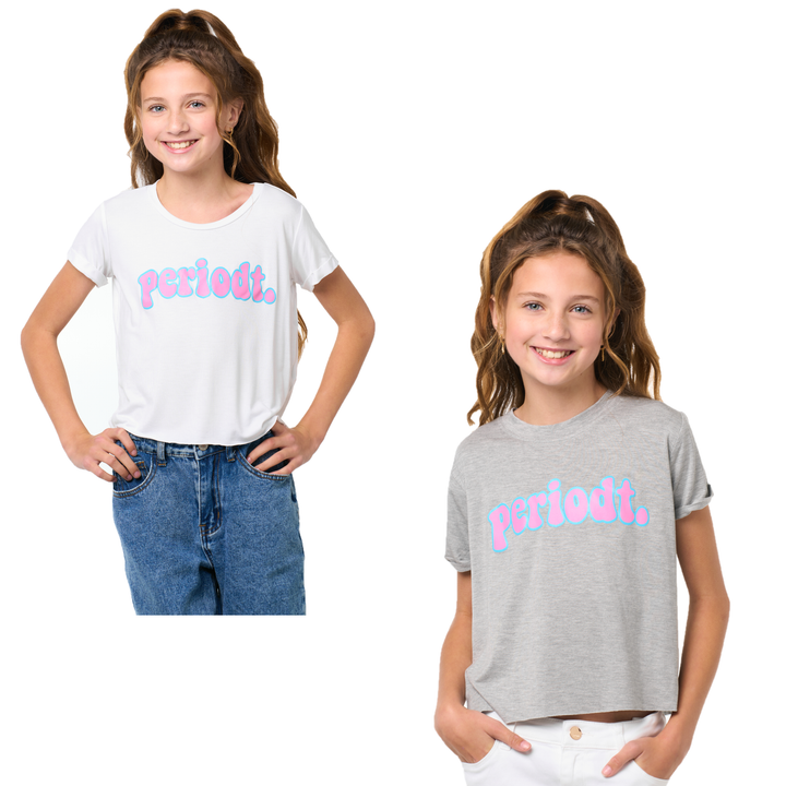 Girl's (8-14) Short Sleeve Crop Tee with "PERIODT" screen