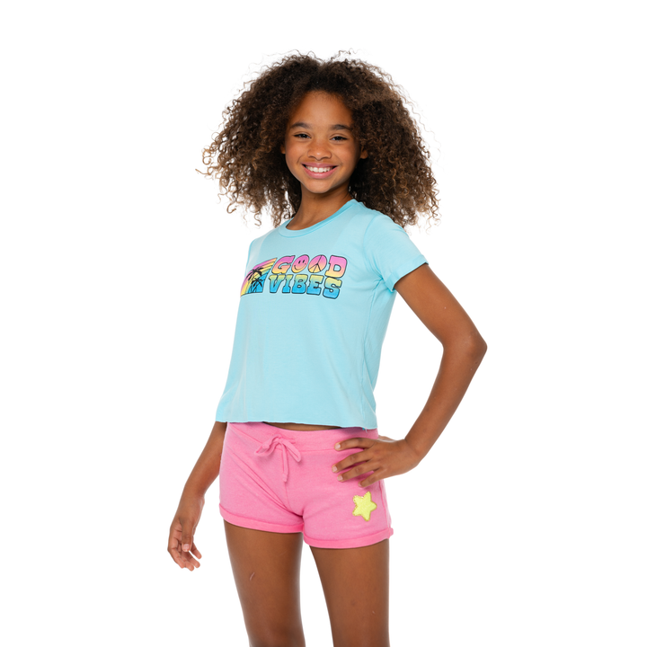 Girl's (8-14) Short Sleeve Crop Tee with Good Vibes Rainbow Screen