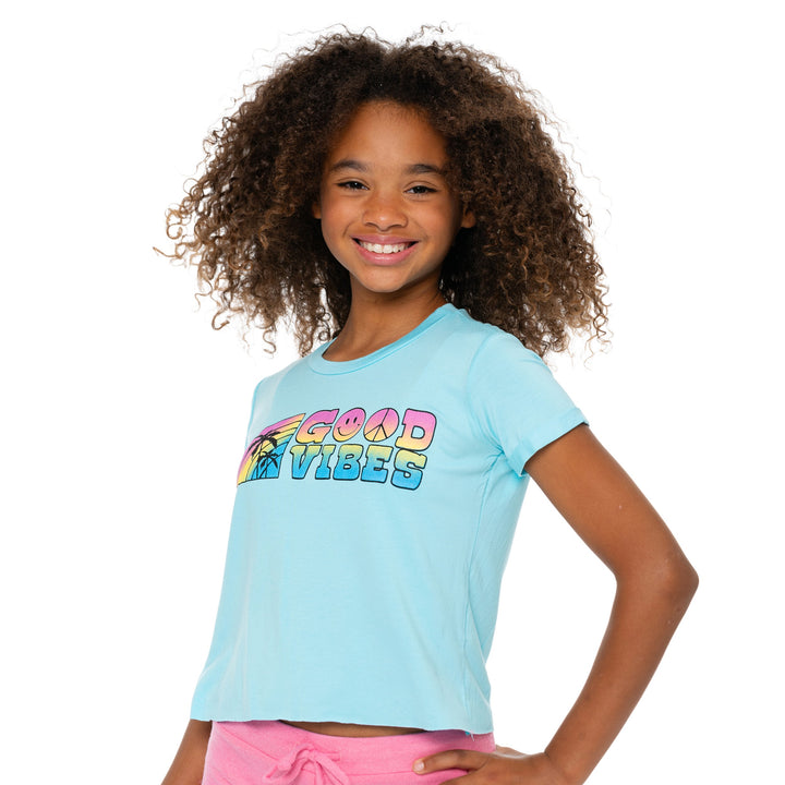 Girl's (8-14) Short Sleeve Crop Tee with Good Vibes Rainbow Screen