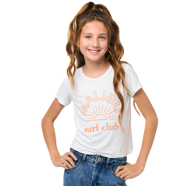 Girl's (8-14) Short Sleeve Crop Tee with Malibu Surf Club Screen