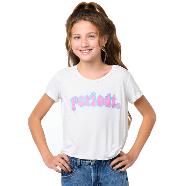 Girl's (8-14) Short Sleeve Crop Tee with "PERIODT" screen