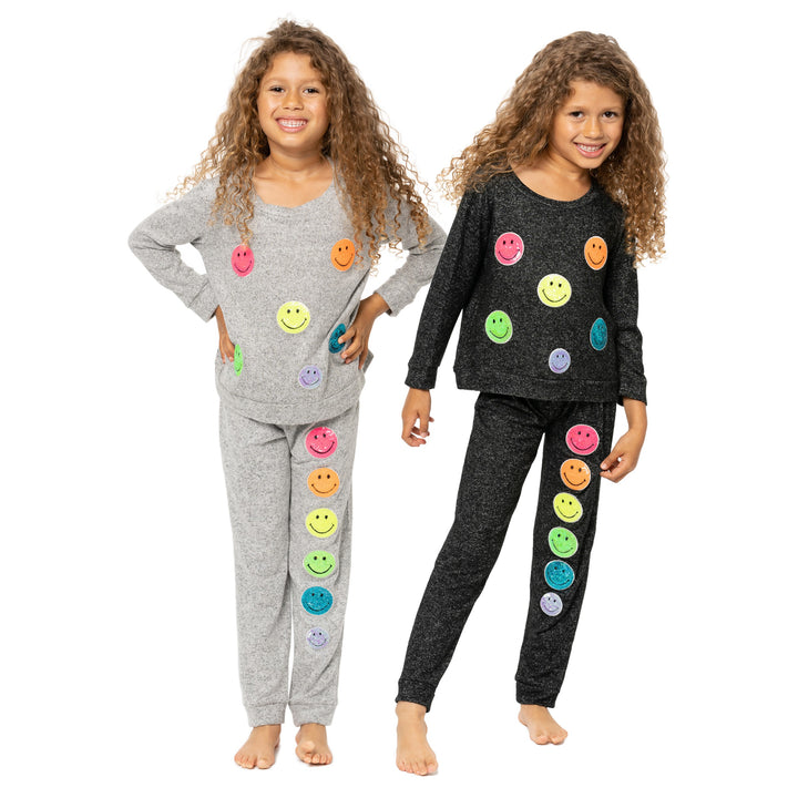 Little Girl's (4-6x) Hacci Sweatshirt with Neon Sequin Happy Faces Patches