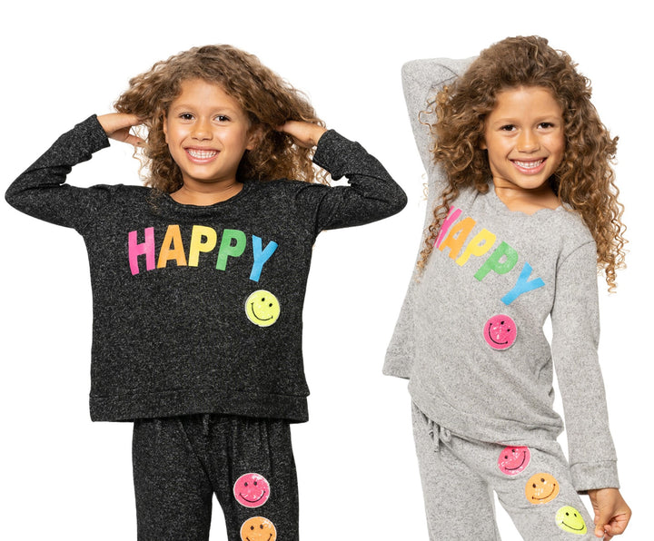 Little Girl's (4-6x) Hacci Sweatshirt with HAPPY Screen plus a Sequin Happy Face Patch