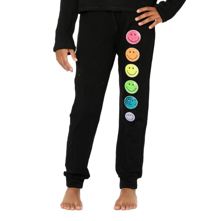 Girl's (8-14) Butter Fleece Sweatpants with Neon Sequin Smiley Face Patches