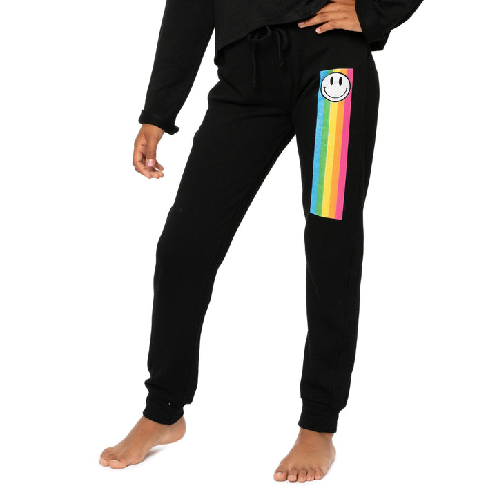 Girl's (8-14) Butter Fleece Sweatpants with Rainbow Stripe & Happy Face