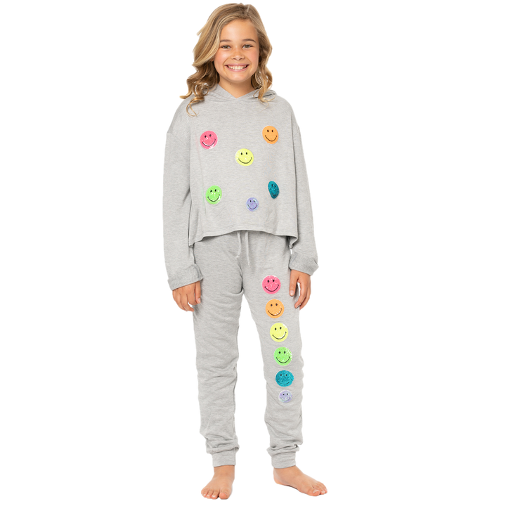 Girl's (8-14) Butter Fleece Sweatpants with Neon Sequin Smiley Face Patches