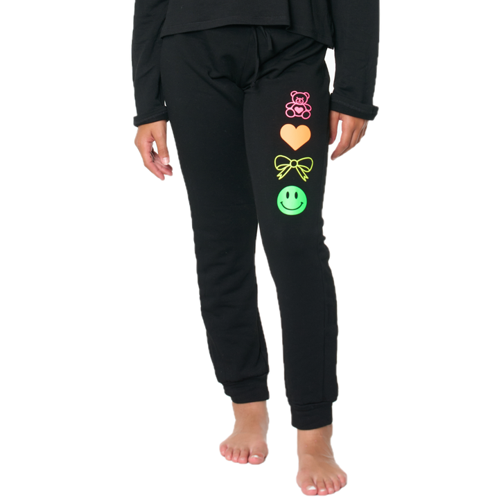 Girl's (8-14) Butter Fleece Sweatpants with Neon Teddy Bear, Bow, Smiley Face, Heart Icons Screen