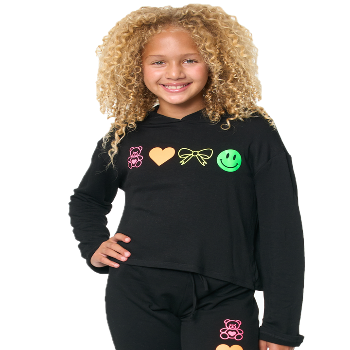 Girl's (8-14) Butter Fleece Hooded Sweatshirt with Neon Teddy Bear, Bow, Happy Face, & Heart Icons Screen