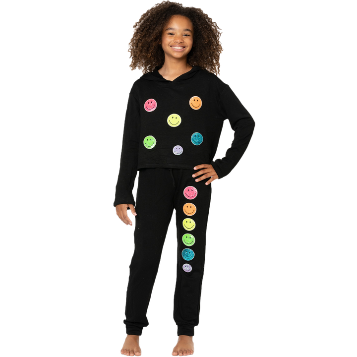 Girl's (8-14) Butter Fleece Sweatpants with Neon Sequin Smiley Face Patches