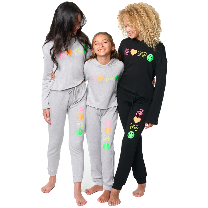 Girl's (8-14) Butter Fleece Sweatpants with Neon Teddy Bear, Bow, Smiley Face, Heart Icons Screen