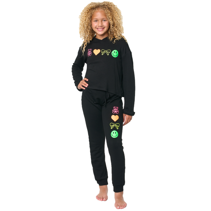 Girl's (8-14) Butter Fleece Hooded Sweatshirt with Neon Teddy Bear, Bow, Happy Face, & Heart Icons Screen