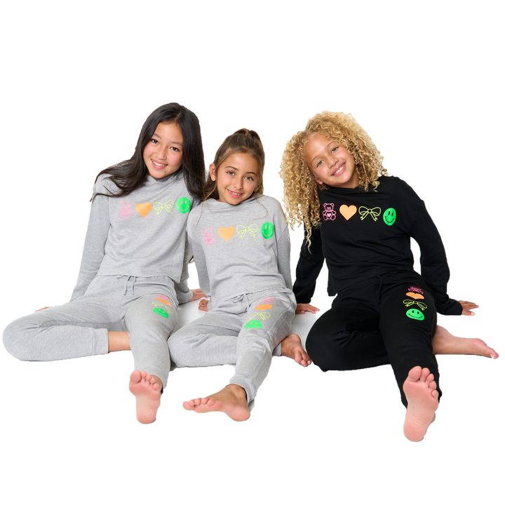 Girl's (8-14) Butter Fleece Hooded Sweatshirt with Neon Teddy Bear, Bow, Happy Face, & Heart Icons Screen