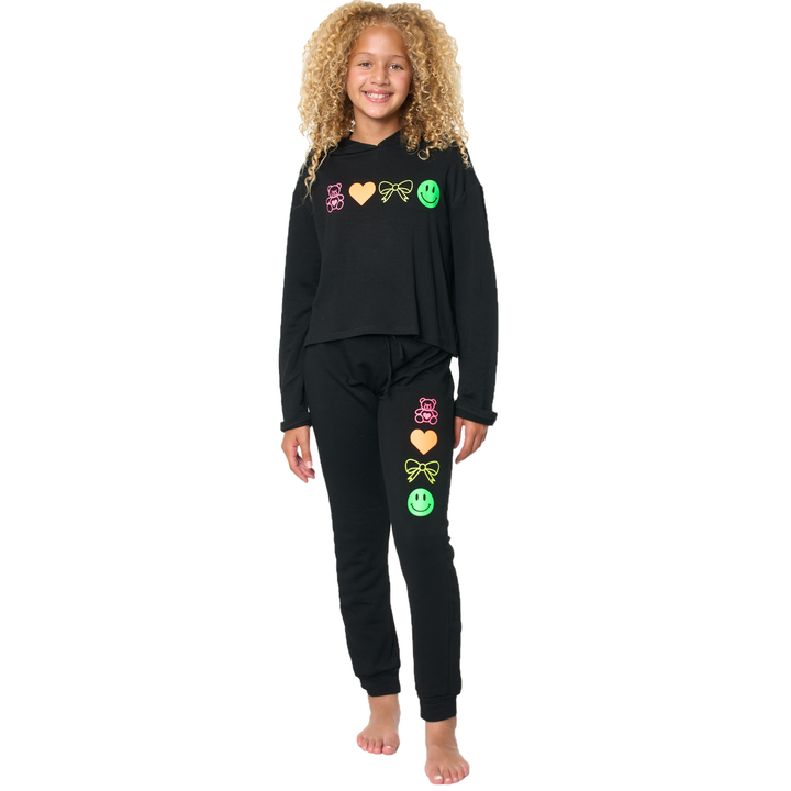 Girl's (8-14) Butter Fleece Sweatpants with Neon Teddy Bear, Bow, Smiley Face, Heart Icons Screen