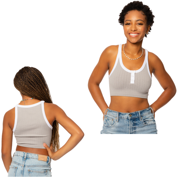 Girl's (8-14) Two Tone Scoop Crop Tank Top with Snap Front