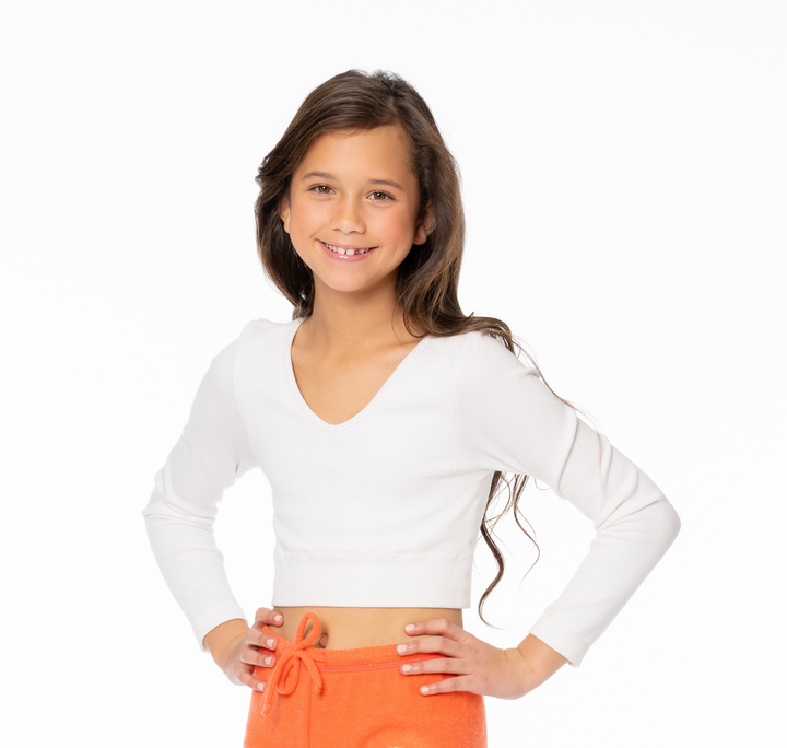 Girl's (8-12) Long Sleeve V Neck Crop Ribbed Top