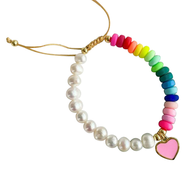 Pearl & Rainbow Bead with Heart Charm Bracelet