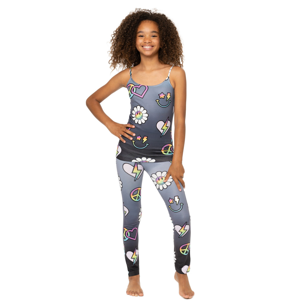 Girl's (8-12) Scattered Icons on Black Ombre background printed Leggings