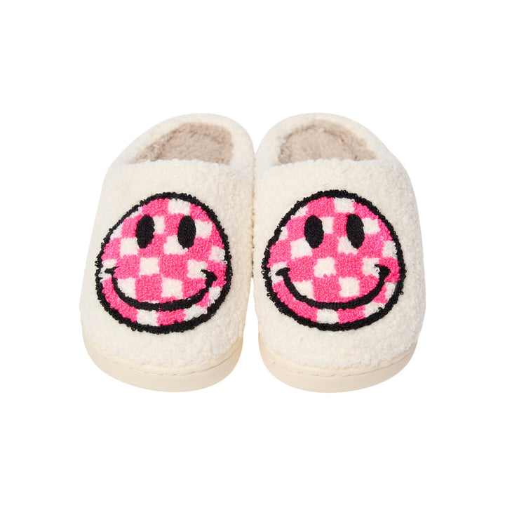Kids Plush Slippers with a Checkered Happy Face