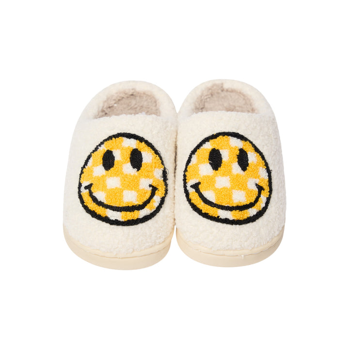 Kids Plush Slippers with a Checkered Happy Face