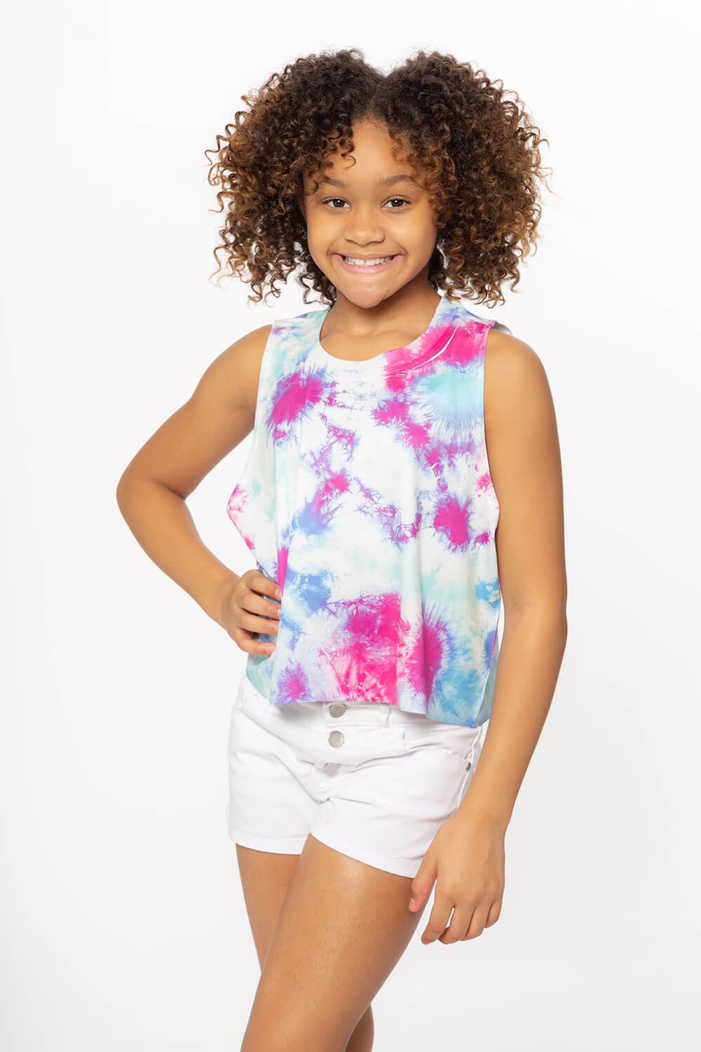 Girl's (7-10) Blue Turquoise Purple Tie Dye Print Sleeveless Top
