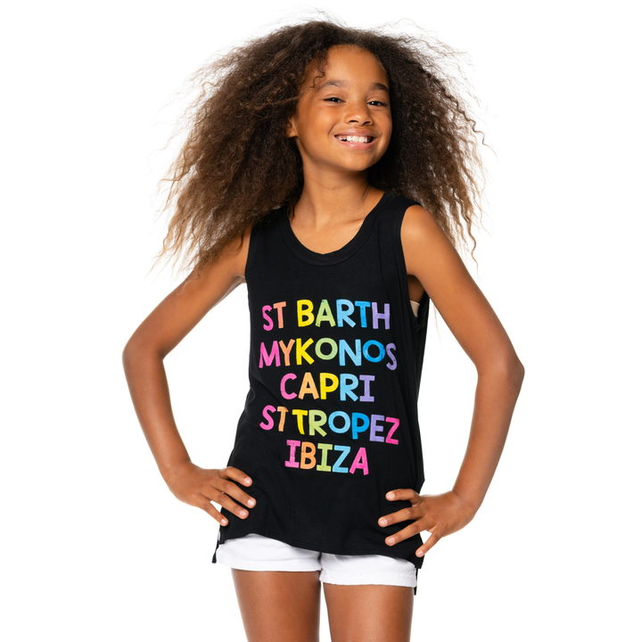 Girls (8-14) Sleeveless T-Shirt with Vacay Destinations Screen