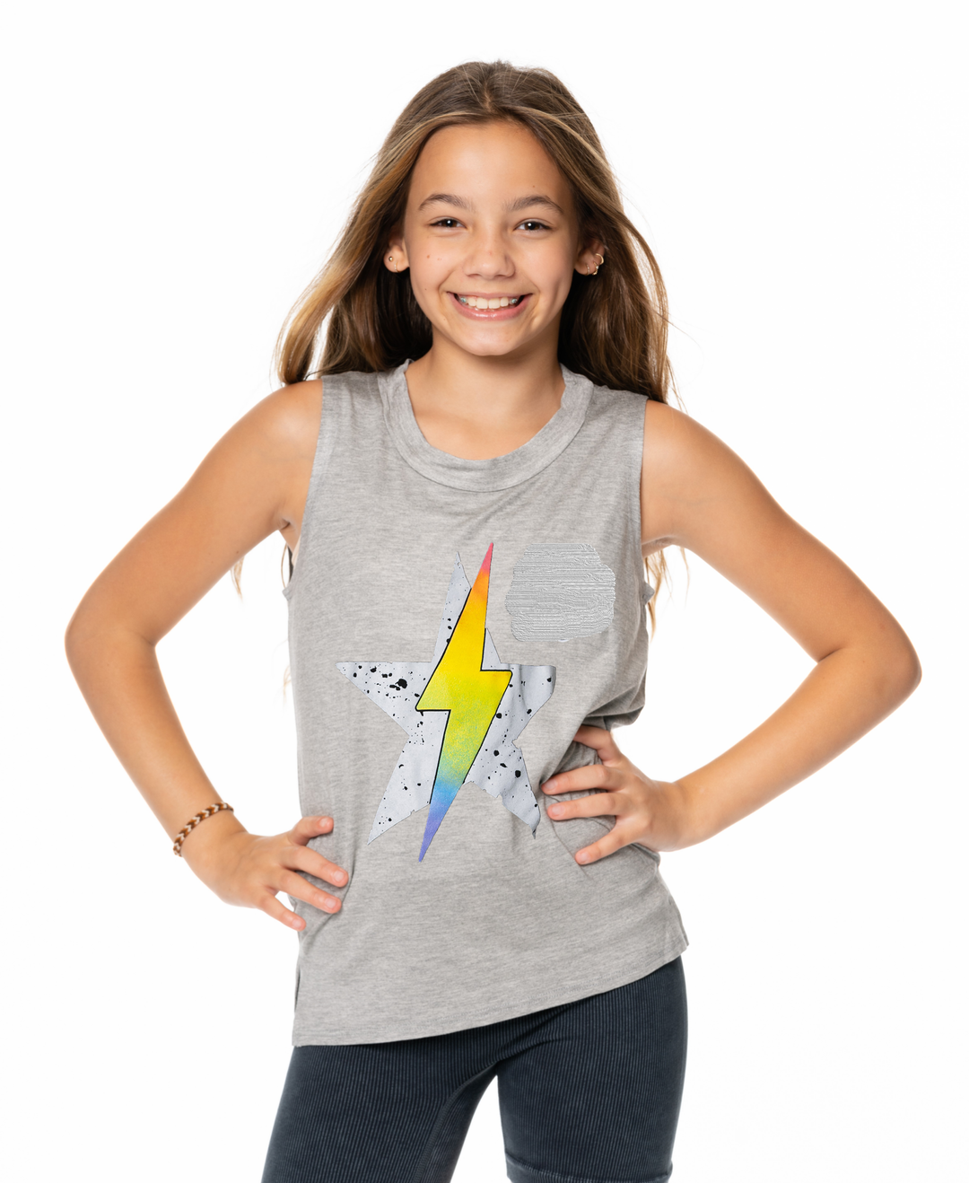 Girls (8-14) Sleeveless Tee with Star Lightning Bolt screen