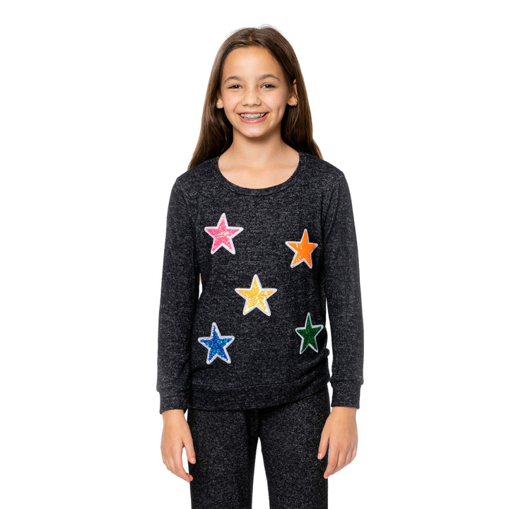 Girl's (8-14) Hacci Sweatshirt with Sequin Star Patches