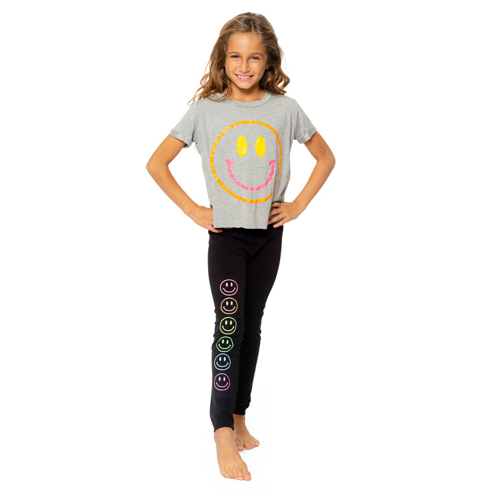 Girl's (8-14) Short Sleeve Tee with 3 Color Happy Faces screen