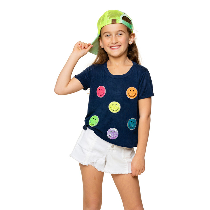 Girl's (8-14) Short Sleeve Tee with Neon Sequin Happy Faces Patches