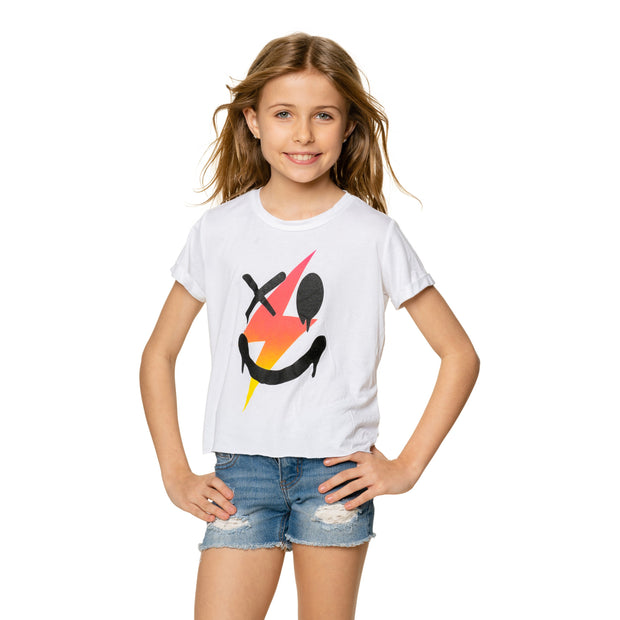 Girl's (8-14) Short Sleeve Tee with Ombre Lightning Bolt with Drippy Happy Faces Screen
