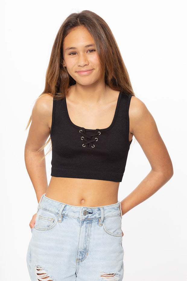 Girl's (8-14) Ribbed Lace Up Crop Tank Top