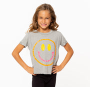Girl's (8-14) Short Sleeve Tee with 3 Color Happy Faces screen