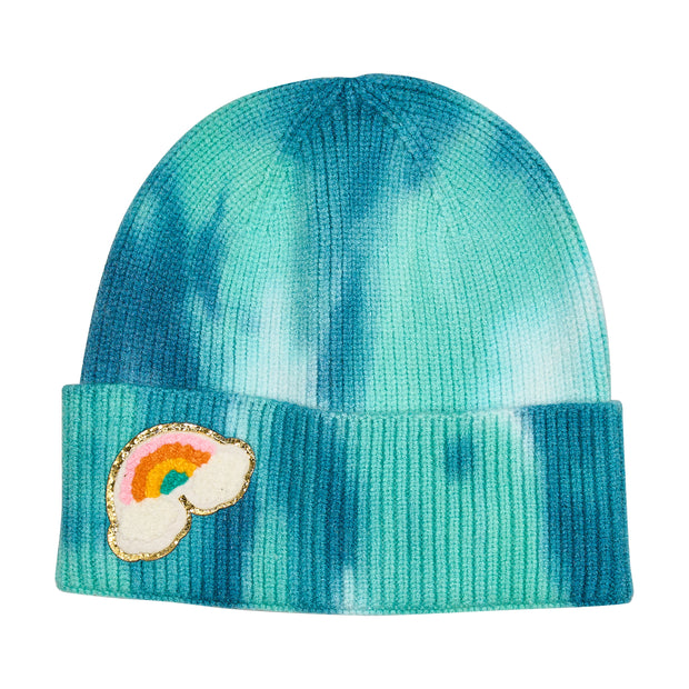 Teal & Blue Tie Dye Beanie with Rainbow Patch