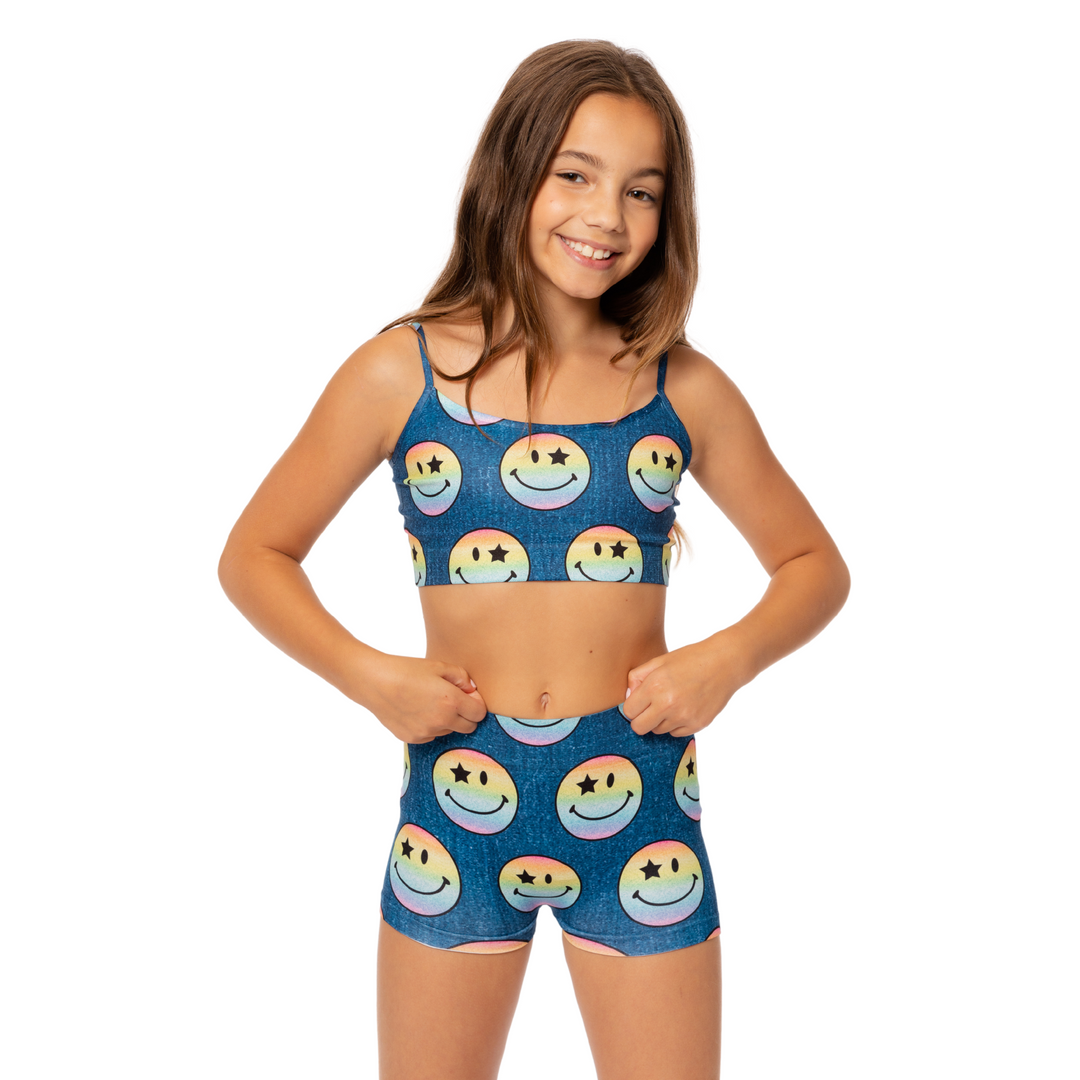 Girl's (7-10) Rainbow Glitter Happy Face Print Girls Boy Shorts