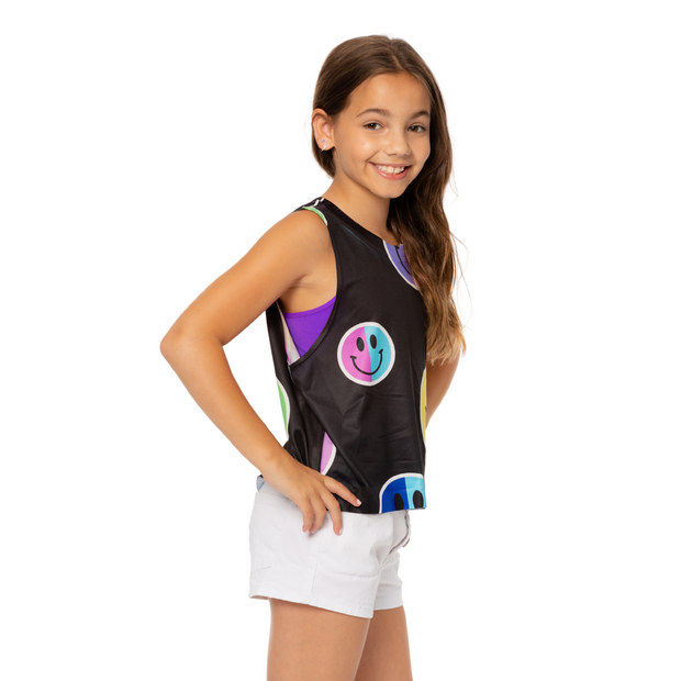 Girl's (8-12) Two Color Neon Happy Face Print Sleeveless Top