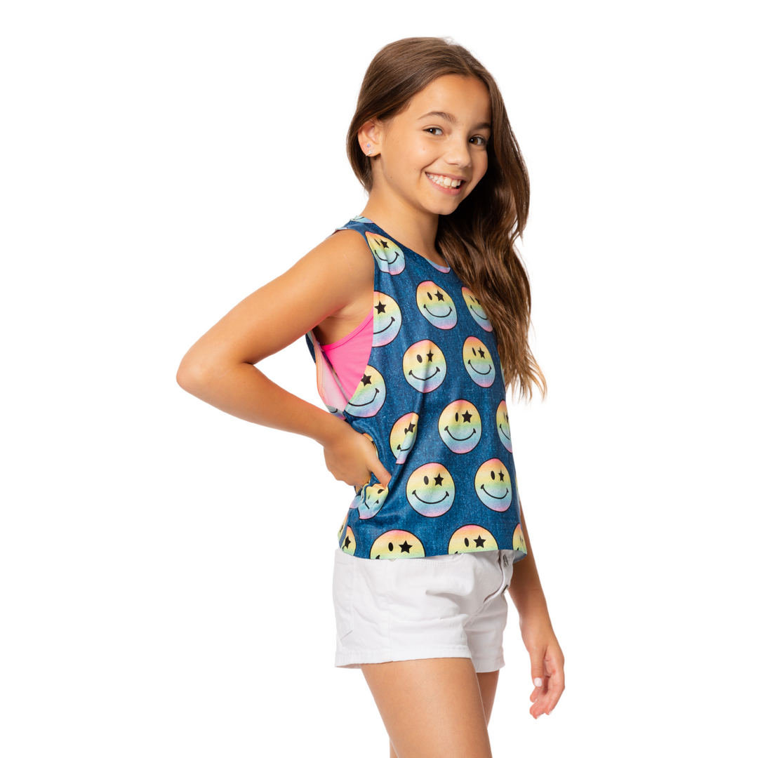 Girl's (8-12) Rainbow Glitter Happy Face Print Sleeveless Top