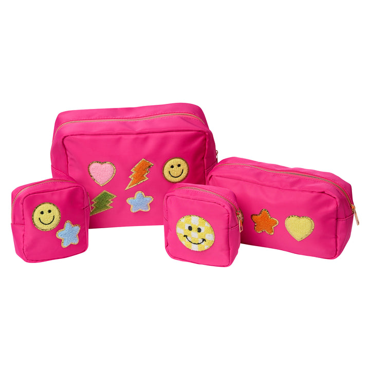 Nylon Pouches with Assorted Patches - Hot Pink