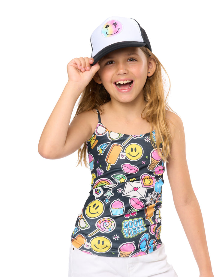 Kids Trucker Hat with a "Smiley Face Palm Tree" Patch