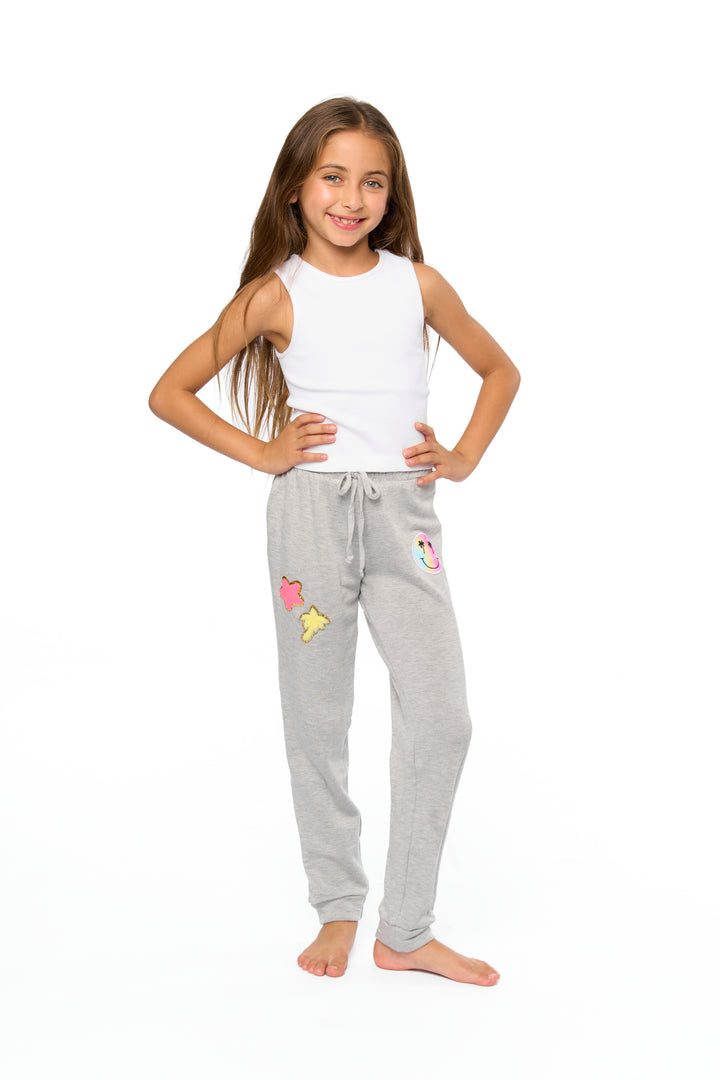 Little Girl's (4-6x) Butter Fleece Sweatpants with Happy Face, Palm Tree & Star Patches