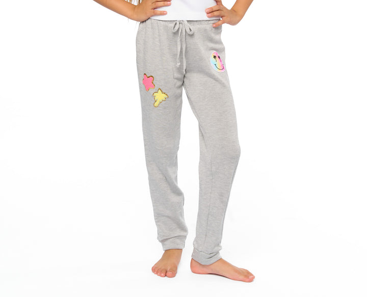 Little Girl's (4-6x) Butter Fleece Sweatpants with Happy Face, Palm Tree & Star Patches