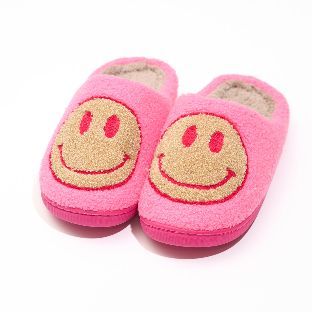 Girl's (10-14) Plush Slippers in Hot Pink with a Beige Happy Face