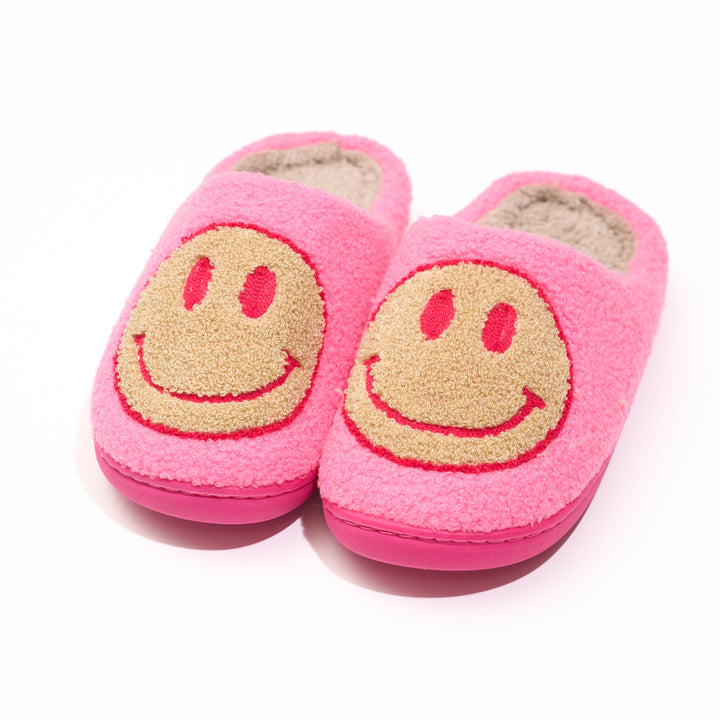 Girl's (10-14) Plush Slippers in Hot Pink with a Beige Happy Face
