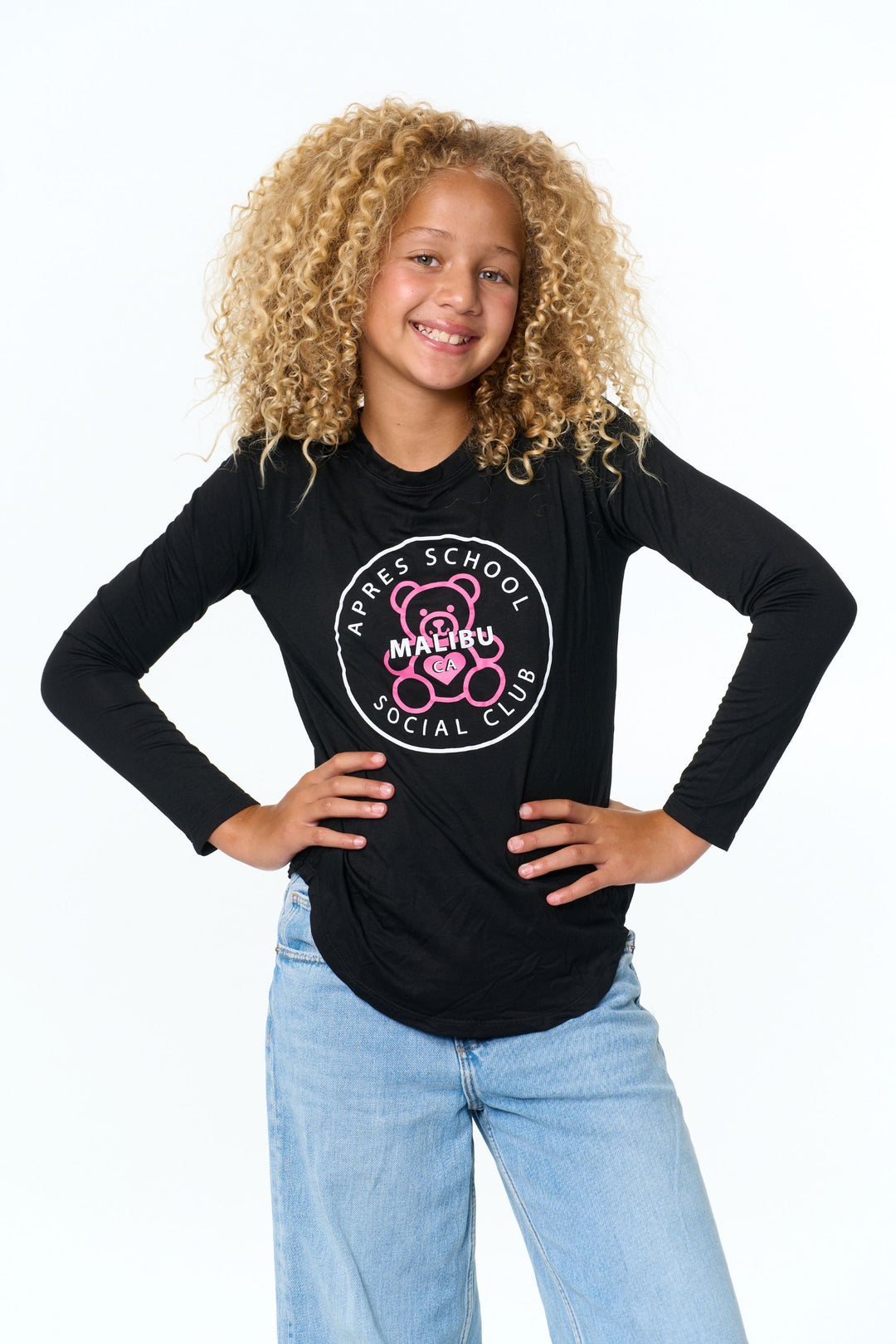 Girl's (8-14) Long Sleeve Tunic Top with "APRES SCHOOL SOCIAL CLUB with Teddy Bear" Screen