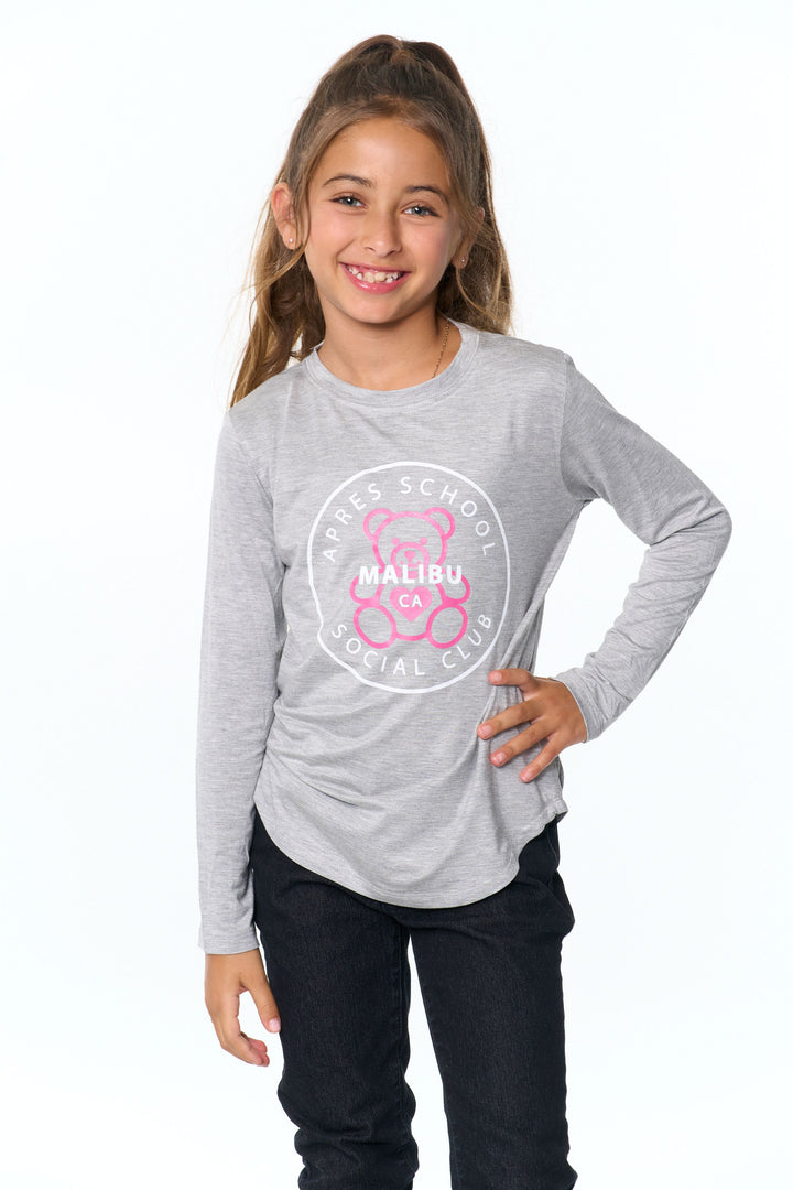 Girl's (8-14) Long Sleeve Tunic Top with "APRES SCHOOL SOCIAL CLUB with Teddy Bear" Screen