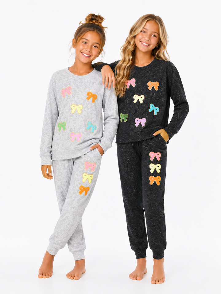 Little Girl's (4-6x) Hacci Sweatpants with Assorted Color Glitter Chenille Bow Patches