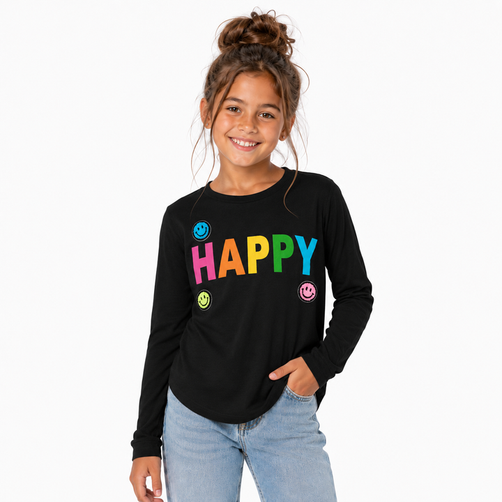 Little Girl's (4-6x) Long Sleeve Tunic with HAPPY Screen + Baby Happy Face Patches