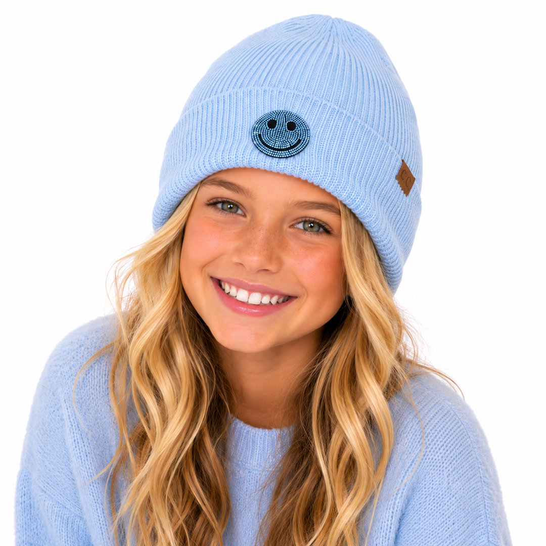 Girl's Solid Color Beanie with Rhinestone Happy Face Patch